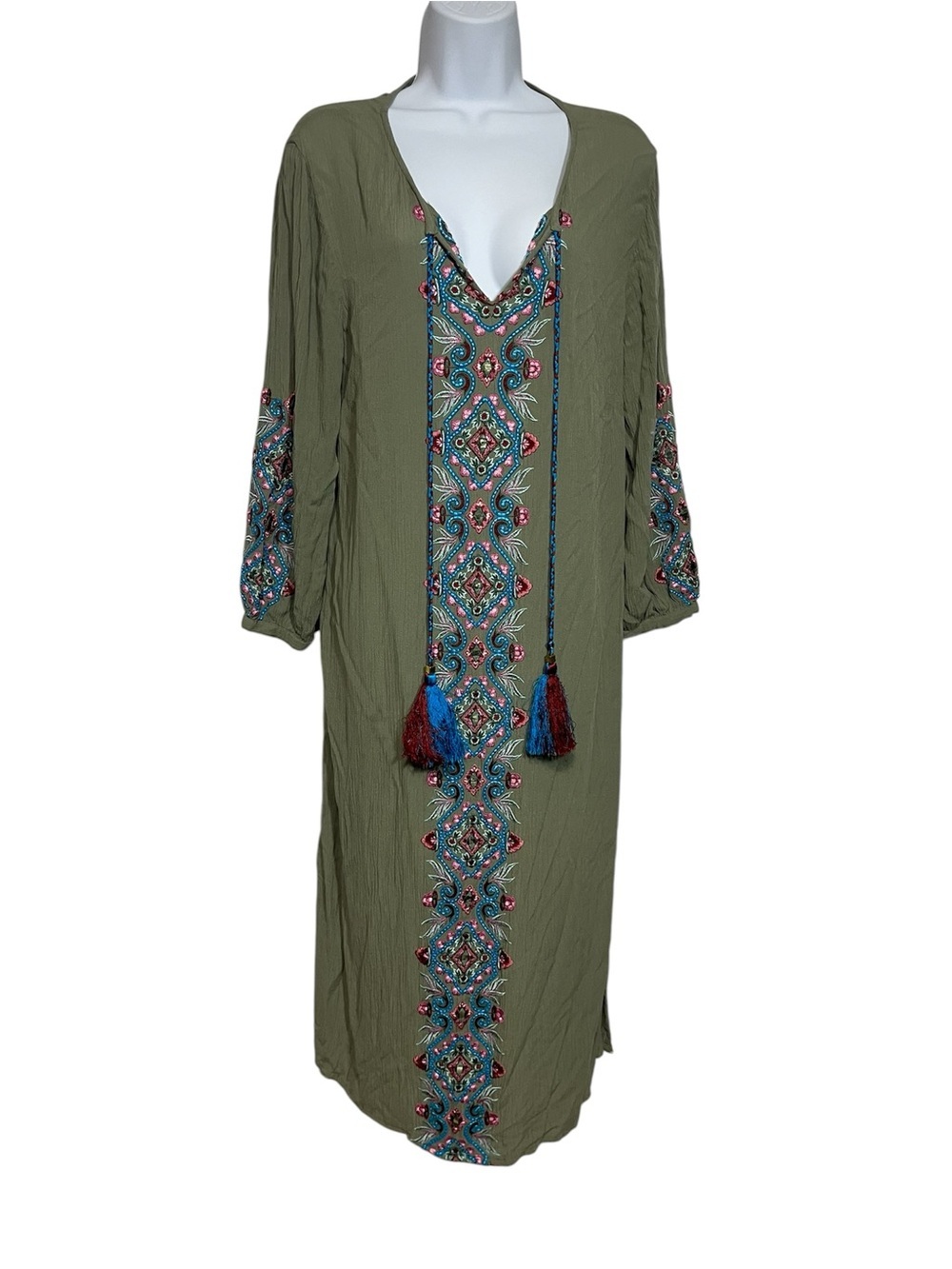 Soft Surroundings Olive Embroidered Boho Maxi Dress with Tassels Size Medium